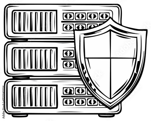 Digital data protection server racks and shield showing cybersecurity safety and information technology defense
