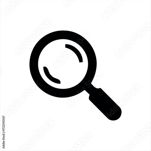 This single search icon features a minimalistic magnifying glass design in solid black. Its straightforward style makes it an ideal choice for representing the search function in digital products. The