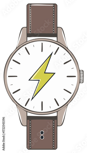Hand drawn illustration of a classic wristwatch with a striking yellow lightning bolt design