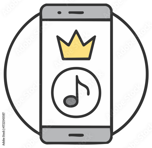Mobile phone icon with premium music app showing a crown and musical note for a top subscription or best songs