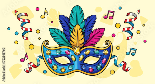 Vibrant Carnival Mask with Feathers and Confetti.
