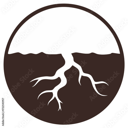 Stylized tree with visible roots in a circle graphic representation