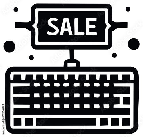 Sale sign hovering over a computer keyboard representing online shopping deals