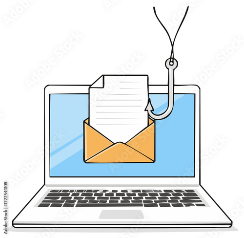 Email Phishing Cartoon Illustration: Laptop with Hook and Envelope