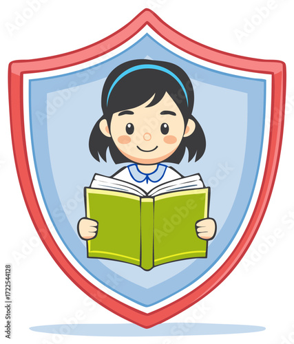 Child reading a book inside a protective shield emblem symbolizing knowledge safety