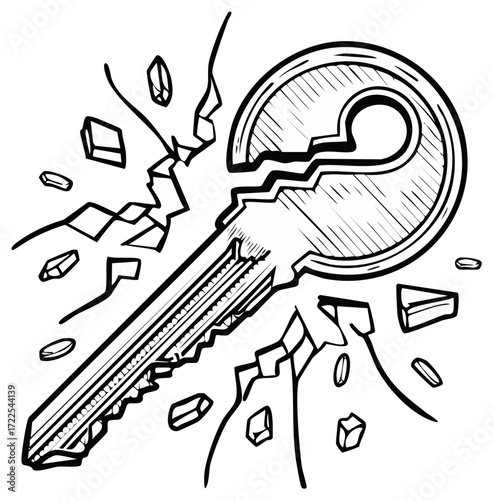 Key unlocking and breaking through a barrier concept, graphic drawing