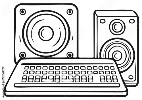 Hand drawn illustration of a retro computer keyboard and audio sound speakers