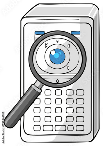 Magnifying glass inspecting a security access panel with a camera eye cartoon illustration