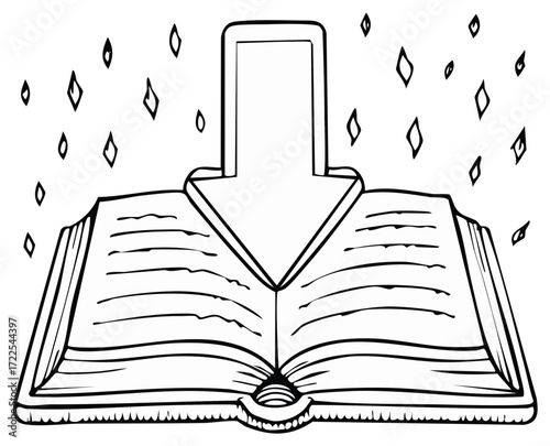 Open book with downward arrow and floating diamond shapes illustration