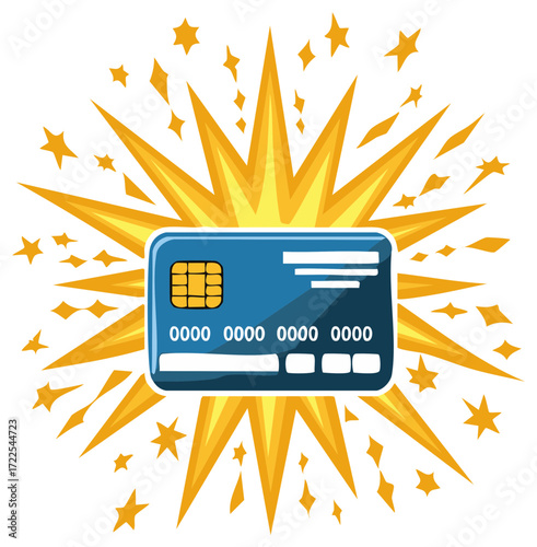 Vibrant blue payment card surrounded by an explosion of golden stars and sparkling energy