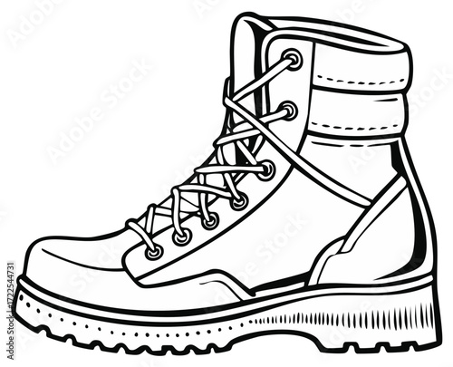 Black and white illustration of a hiking boot side view.