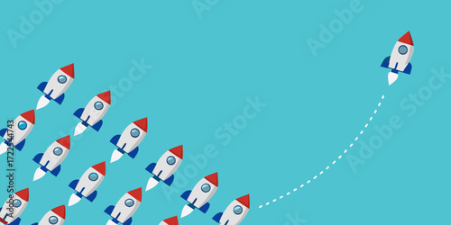 One rocket ship breaks away from the group charting its own course towards the future