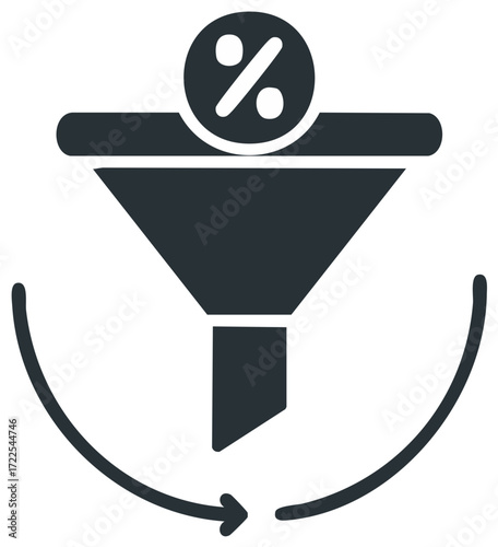 Percentage icon with sales funnel conversion process concept represented by arrows