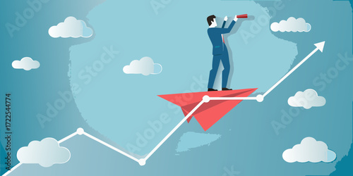 Businessman riding a red paper airplane looking through a telescope towards future growth on a rising graph