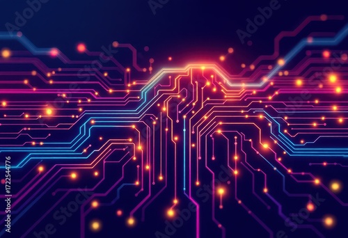 Wallpaper Mural Intricate circuit board design with vibrant neon colors and glowing components showcasing the complexity of modern technology. Torontodigital.ca