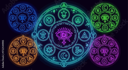 Vibrant Neon Magic Circles with Mystical Symbols and All Seeing Eye.