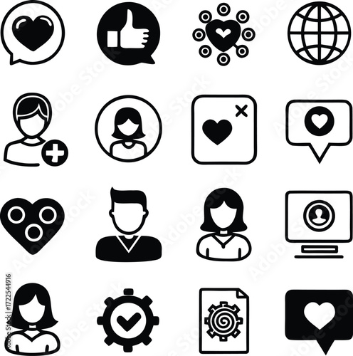 Collection of social media icons featuring hearts likes user profiles and settings for digital platforms and applications