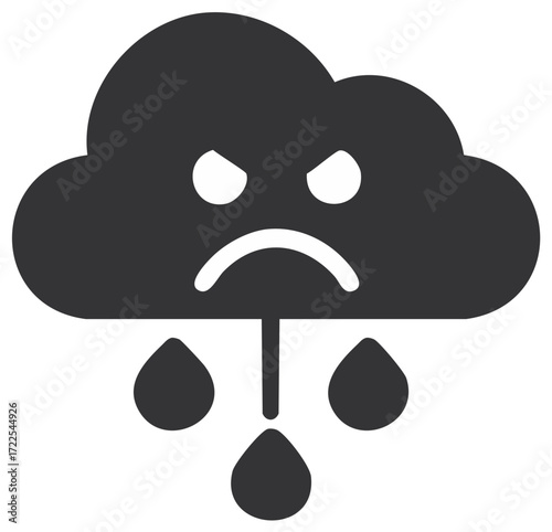 Angry dark gray cloud weather icon with frowning face and falling rain drops symbolizing bad forecast