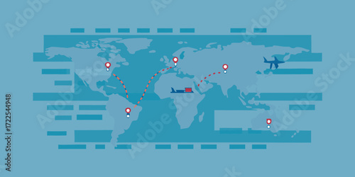 Global air cargo transportation routes connecting continents with airplanes and shipping containers