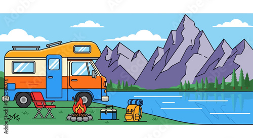 Vintage Camper Van with Campfire and Camping Gear.