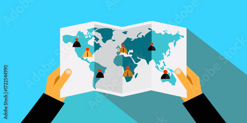 Hands holding a world map with stylized people icons representing global connections and distribution