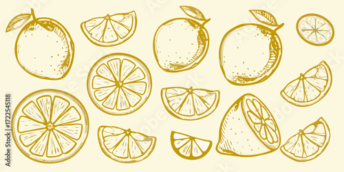 Hand drawn golden citrus fruits and slices pattern on a light yellow background
