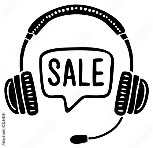 Hand drawn black headset with 'SALE' message in speech bubble icon