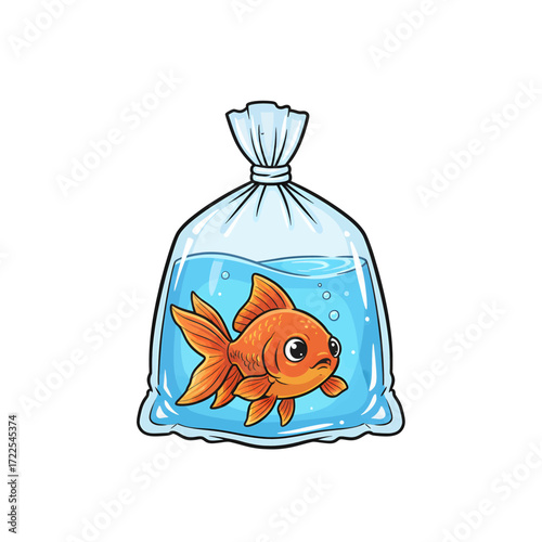 Cute cartoon illustration of a goldfish inside a transparent water bag