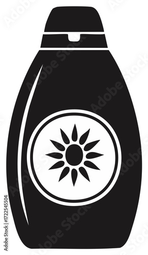 Graphic silhouette of a suntan lotion bottle with a sun emblem, illustrating summer skincare and UV protection