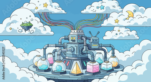 Whimsical Cloud Factory with Colorful Vapors and Glass Containers.