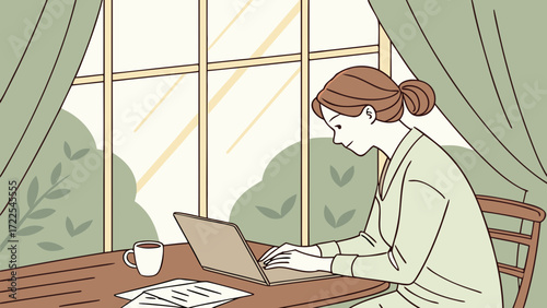 Woman working on laptop by a window with green curtains and coffee