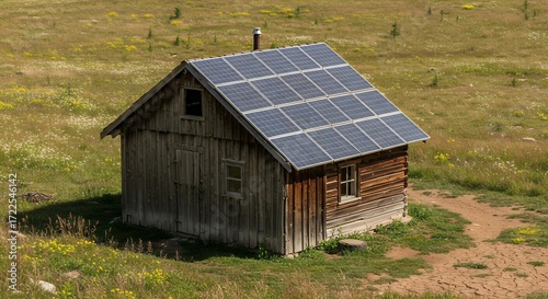 Wooden cabin with solar panels