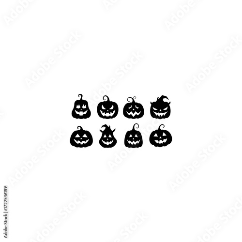 Halloween pumpkin vector set with 12 spooky jack-o’-lantern faces. Creepy carved pumpkins with scary and funny expressions. Perfect silhouettes for Halloween