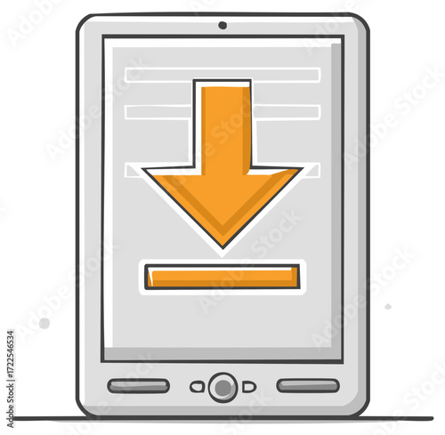 Tablet screen with download arrow illustration showing data transfer process on device
