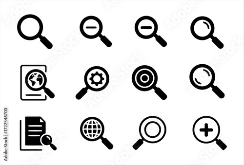 This search icon set represents a clean and modern collection of magnifying glass symbols used to indicate search functionality in user interfaces. It is designed with simplicity and clarity, ensuring
