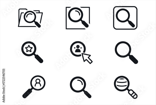 This search icon set represents a clean and modern collection of magnifying glass symbols used to indicate search functionality in user interfaces. It is designed with simplicity and clarity, ensuring