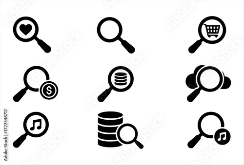 This search icon set represents a clean and modern collection of magnifying glass symbols used to indicate search functionality in user interfaces. It is designed with simplicity and clarity, ensuring