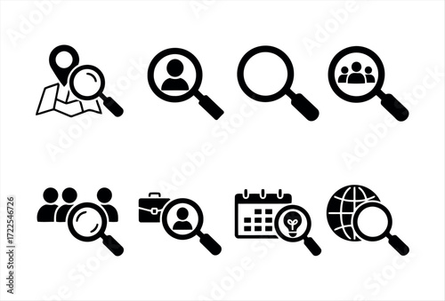 This search icon set represents a clean and modern collection of magnifying glass symbols used to indicate search functionality in user interfaces. It is designed with simplicity and clarity, ensuring