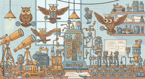 Whimsical Owl Laboratory with Intricate Steampunk Machinery and Scientific Instruments.
