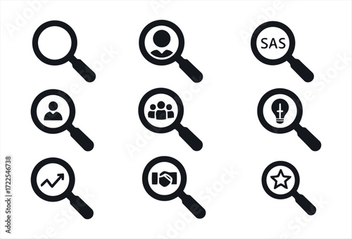 This search icon set represents a clean and modern collection of magnifying glass symbols used to indicate search functionality in user interfaces. It is designed with simplicity and clarity, ensuring