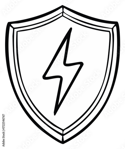 Hand drawn shield with lightning bolt symbol Power protection and energy doodle icon illustration