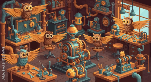 Whimsical Owl Inventors Crafting Steampunk Gadgets in a Bustling Workshop.