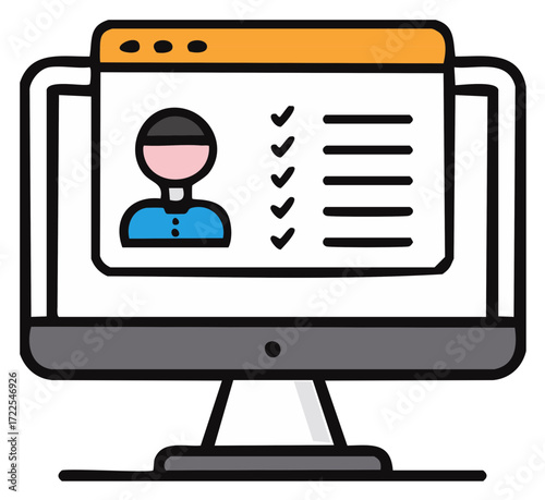 User profile with personal information and verified checklist on a computer screen icon