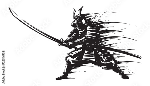 traditional Samurai with katana sword pagoda temple background abstract brush sketch vector illustration