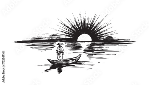 japan traditional Man and boat. Sunset, dusk abstract brush sketch illustration