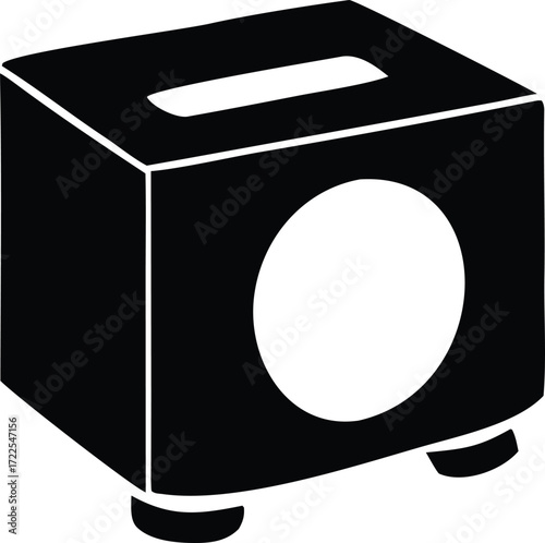 Simple black and white icon of a stereo speaker or sound system box with white circle for sound waves and slot for music