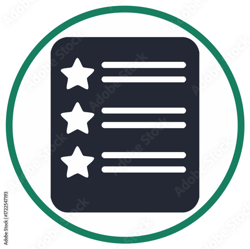 Checklist document icon with stars in green circle design.
