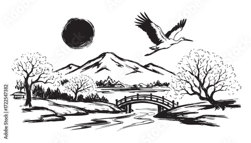 japan Landscape with sun and stork  abstract brush sketch illustration