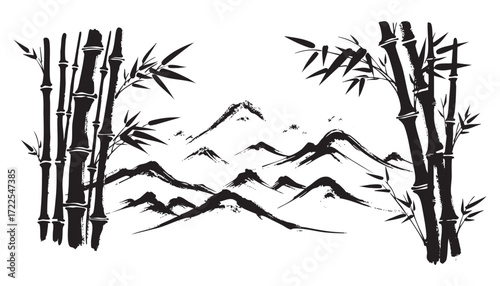 japan traditional Bamboo, mountains abstract brush sketch illustration