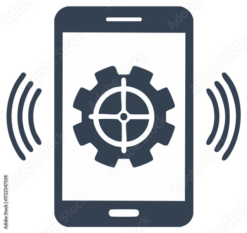 Smartphone displaying a gear icon with sound waves emanating from the device
